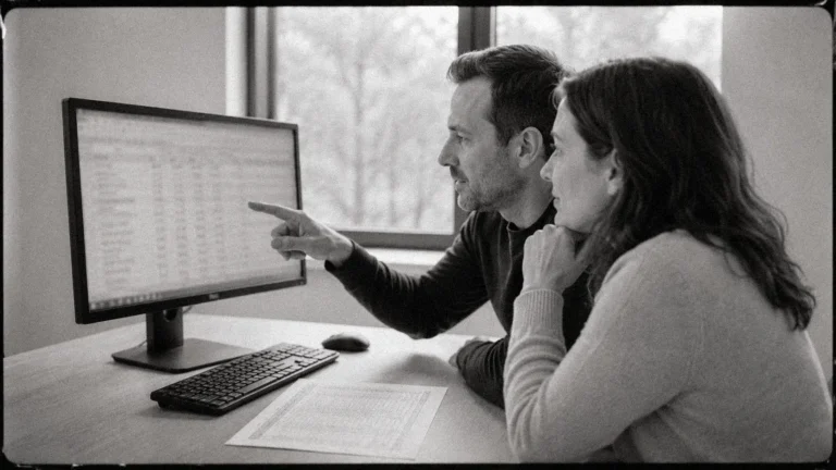 Formation Excel à Chambéry : deux adultes analysent un tableau Excel sur écran dans un bureau moderne en noir et blanc