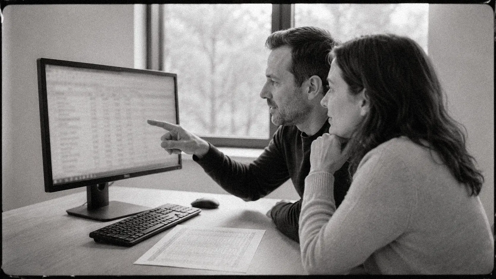 Formation Excel à Chambéry : deux adultes analysent un tableau Excel sur écran dans un bureau moderne en noir et blanc