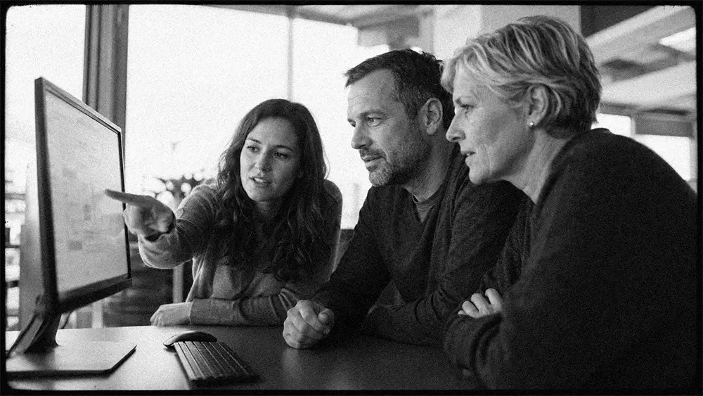 Trois professionnels collaborant devant un écran d’ordinateur dans un open space moderne en noir et blanc.
