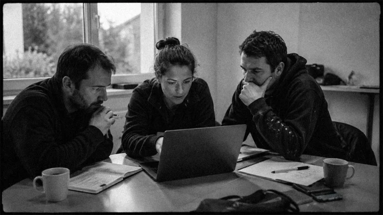 Un petit groupe d'artisans se penche avec attention autour d'un ordinateur portable pendant une démonstration de formation en salle.