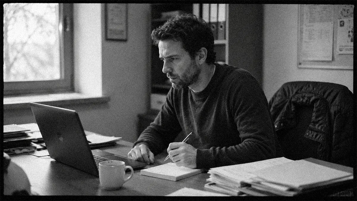 Employé d'une petite entreprise interrompant son travail devant son ordinateur après une erreur, dans un bureau avec des dossiers et un carnet ouverts.
