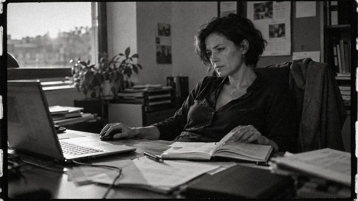 Dirigeante de PME brune aux cheveux courts réfléchissant seule devant son ordinateur dans son bureau en fin de journée.