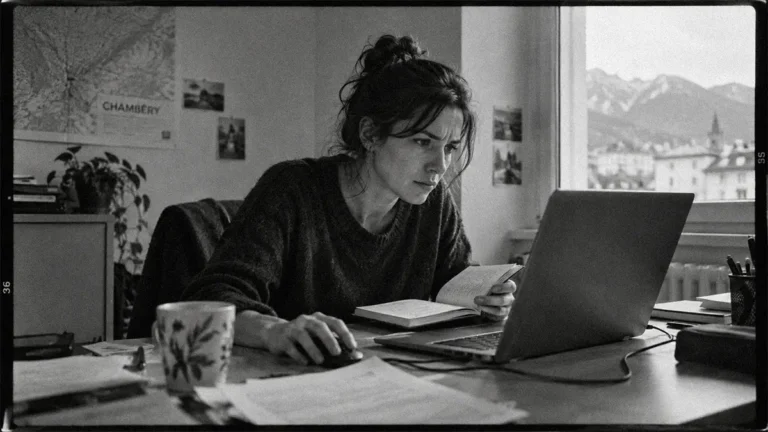 Une personne concentrée consulte ses notes tout en utilisant un ordinateur portable dans un bureau à Chambéry.
