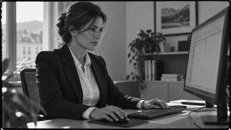 Professionnelle élégante assise bien droite devant son ordinateur et concentrée sur la vérification d’un résultat dans un tableur.