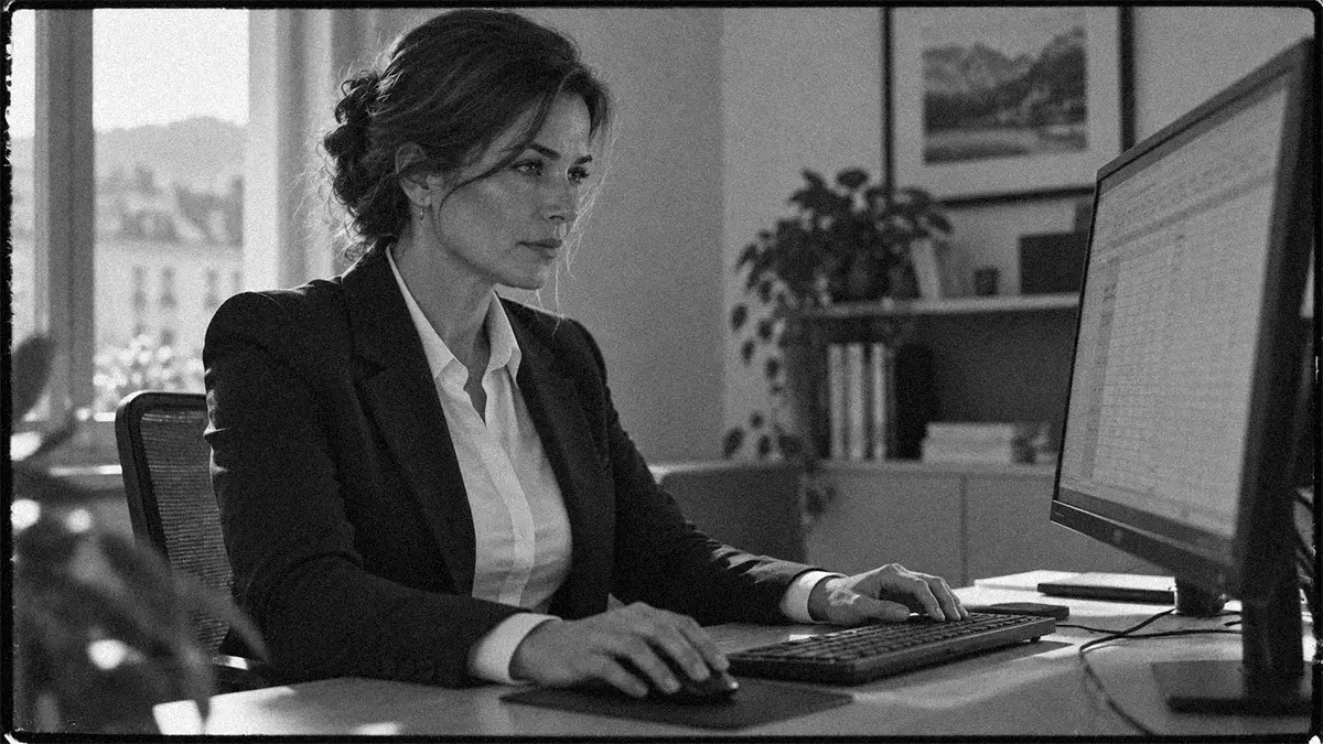 Professionnelle élégante assise bien droite devant son ordinateur et concentrée sur la vérification d’un résultat dans un tableur.