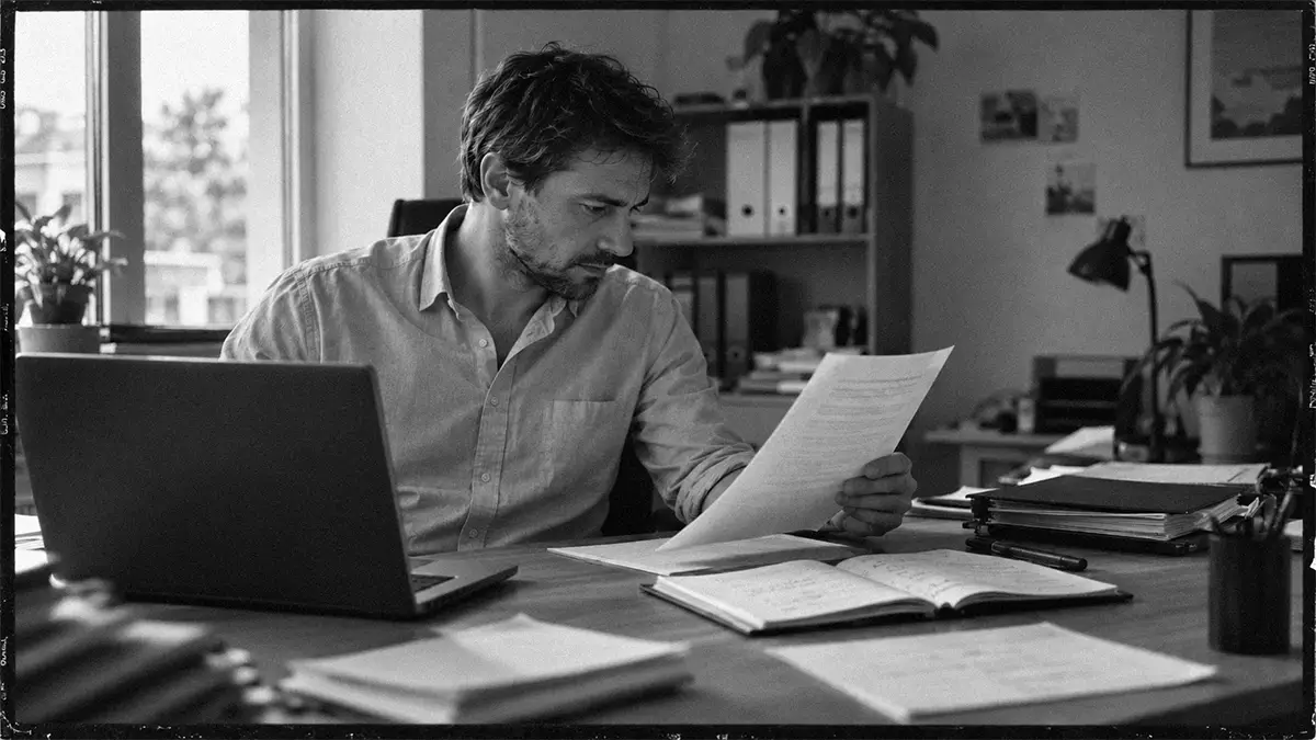 Un dirigeant assis à son bureau examine un document parmi ses tâches quotidiennes en réfléchissant à ce qu’il pourrait simplifier en premier avec l’IA.